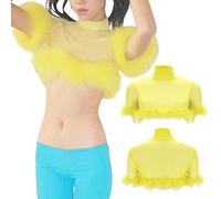 T-Shirt Damen Casual Frauen-reizvolles elastisches Ineinander greifen-Feder-T-Shirt Spitzen-Abend-Tanz-Party-gelbe Kurze Tunika-Bluse Damen Vintage (Yellow, L)