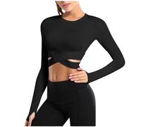 T-Shirt Damen Einfarbig Crossover Crop Top Baumwolle Hauteng Yogashirt Bauchfreie Sommer Langarmshirt Sexy Longsleeve Sportshirt Langarm Laufshirt Oberteil Atmungsaktiv Pullover Funktionsshirt