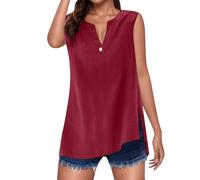 T Shirt Damen Elegant Bluse Sommer Hemd Einfarbig Basic Seite Schlitz Top V Ausschnitt Oberteil Ärmellos Oversize Tshirt Lässige Locker Tunika