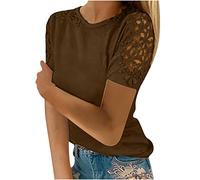 T-Shirt Damen Elegant Spitzenärmel Tops Sommer Einfarbige Oberteile Spitzennähte Bluse Tunika Kurzarm Tshirt mit Rundhals Spitze Stitching Blouse Aushöhlen Pullover Shirt Blusentops S-5XL