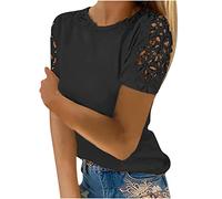 T-Shirt Damen Elegant Spitzenärmel Tops Sommer Einfarbige Oberteile Spitzennähte Bluse Tunika Kurzarm Tshirt mit Rundhals Spitze Stitching Blouse Aushöhlen Pullover Shirt Blusentops S-5XL