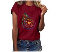T-Shirt Damen Kurzarm Casual Sommer Lose Shirt Oversize Oberteile T-Shirt Bluse Frauen Casual Printing Kurzarm O-Ausschnitt Loose Tops (3XL,4wein)