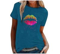 T-Shirt Damen Kurzarm - Kurze Mode T-Shirt lässiger Druck farbenfrohe O-Ausschnitt Blusen Ärmel Frauen Töpfe Lippe Damenbluse