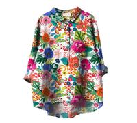T Shirt Damen Kurzarm Leinen-T-Shirt für Damen mit Blumendruck, lockere Passform, T-Shirt-Oberteile, Reverskragen, Knopfblusen, Lange Ärmel, lässige Oberteile Bluse Spitze Damen Schwarz (Green, XXL)