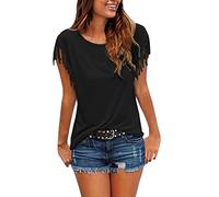 T Shirt Damen Kurzarm mit Fransen - Oberteile Damen Sommer Bluse Slim Fit Western Mode Tunika Top Einfarbig Boho Tshirt Strand Urlaub T-Shirts