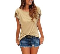 T Shirt Damen Kurzarm mit Fransen Oberteile Sommer Bluse Slim Fit Western Mode Tunika Top Einfarbig Boho Tshirt Strand Urlaub T-Shirts Frauen Blusen & Tuniken Teenager Mädchen