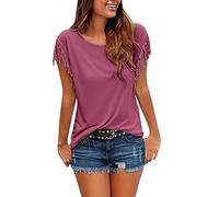 T Shirt Damen Kurzarm mit Fransen Oberteile Sommer Bluse Slim Fit Western Mode Tunika Top Einfarbig Boho Tshirt Strand Urlaub T-Shirts Frauen Blusen & Tuniken Teenager Mädchen