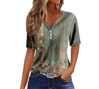 T Shirt Damen Kurzarm, Oberteile Damen Elegant,Tshirt Damen Sommer Rundhals mit Knopfleiste Tops Bedrucken Locker Basic Tee Lässige Schön Oberteil Lose Schickes Tunika T-Shirt Sommertop