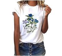 T-Shirt Damen Kurzarm - Oberteile Damen Sommer - Tshirt Damen mit Aufdruck Blumenmuster Rundhals Lässig Sport Bluse Kurzarmshirt Basic Graphic Tee Partner Tops T-Shirts für Frauen Teenager Mädchen