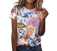 T-Shirt Damen Kurzarm - Sommer Oberteile Damen Süßes T Shirt mit Blumen Drucken Rundhals Casual Sport Bluse Kurzarmshirt Basic Graphic Tee Tunika Tops Hemd T-Shirts für Teenager Mädchen Frauen