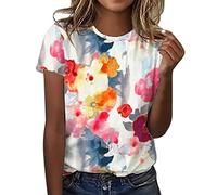 T-Shirt Damen Kurzarm - Sommer Oberteile Damen Süßes T Shirt mit Blumen Drucken Rundhals Casual Sport Bluse Kurzarmshirt Basic Graphic Tee Tunika Tops Hemd T-Shirts für Teenager Mädchen Frauen