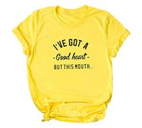 T-Shirt Damen Kurzarmhemden Ärmel Kurz Baumwolle Lässig Top O-Ausschnitt Brief Plus Print Damenbluse Oberteil T Shirts Tshirt Basic Shirt Elegant Oversize Longshirt Oversized Lang Weiße Gelb S