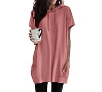 T Shirt Damen Lang mit Kapuze - Longshirt Damen Kurzarm Oberteile Sommer Tunika Bluse Solide Longtops Casual Lose Hoodie Tshirt Taschen Rundhals Long Tops Pullover