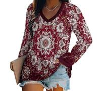 T-Shirt Damen Langarm Geometrischer Blumendruck Langarmshirt V-Ausschnitt Tunika Basic Tshirt Tops Damen Elegantes Mandala-Muster Casual Oberteile, Bokendihong