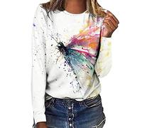 T Shirt Damen Langarm, Langarmshirt Damen mit Lustige Aufdruck,Oberteile Damen Herbst Rundhals Weiss Tshirt Locker Lässig Tunika Top Basic Tee Sport Bluse T-Shirts für Frauen Teenager Mädchen