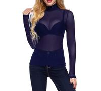 T Shirt Damen Langarm, Mesh Oberteil Damen Rollkragen, Bluse Transparent Damen Sexy Netzoberteil High Stretch Slim Fit Sheer Arm Shaper Top Basic Langarmshirt Tunika Tops Party Oberteile Clubwear