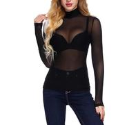 T Shirt Damen Langarm, Mesh Oberteil Damen Rollkragen, Bluse Transparent Damen Sexy Netzoberteil High Stretch Slim Fit Sheer Arm Shaper Top Basic Langarmshirt Tunika Tops Party Oberteile Clubwear