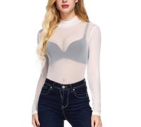 T Shirt Damen Langarm, Mesh Oberteil Damen Rollkragen, Bluse Transparent Damen Sexy Netzoberteil High Stretch Slim Fit Sheer Arm Shaper Top Basic Langarmshirt Tunika Tops Party Oberteile Clubwear