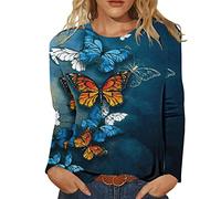 T Shirt Damen Langarm - Oberteile Elegant Langarmshirt Rundhals mit Schmetterling Motiv Tunika Große Größen Bluse Lässig Locker Pullover Top Sweatshirt T-Shirts für Frauen Teenager Mädchen