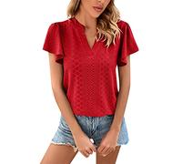 T-Shirt Damen Mit Aufdruck Anti Schweiß Shirt Damen Rockabilly Shirt Damen Wandershirt Damen Anti Schweiß Shirt Blusentops Damen Elegant Sexy Tops Damen Top Mit Integriertem BH(Rot, L)