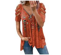 T-Shirt Damen Mit Aufdruck Damen Crop Top T Shirt Schwarz Vintage Drucken V-Ausschnitt Kurzarm Hollow Out Plus Size T Shirt Mit Zipper LäSsiges Plissee Oberteile Schlupfbluse Damen (1-Orange, 4XL)