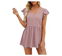 T-Shirt Damen Mit Aufdruck Fledermaus Shirt Damen Schwarzes Tshirt Damen Freizeit Einfarbig V-Ausschnitt RüSchen Kurzarm Hohle Shirts Mit Knopfleiste Sexy Outfit FüR Damen (Rosa, M)