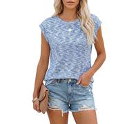 T-Shirt Damen Oberteile Sommer Tank Top mit Flügelärmeln Rundhals Strukturiertes Strickmaterial Unifarben Basic Bluse Elegant Casual-Hellblau-XL