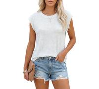 T-Shirt Damen Oberteile Sommer Tank Top mit Flügelärmeln Rundhals Strukturiertes Strickmaterial Unifarben Basic Bluse Elegant Casual-Weiß-XL