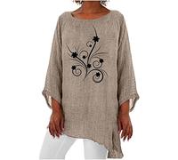 T-Shirt Damen Retro Baumwolle Leinen Bluse Oversize 3/4 Ärmel Leinenbluse Einfarbig Leinenhemd Oberteile Longbluse Rundhals Pullover Locker Tshirt Casual Sommer Tunika Tops Shirt Longtops für Frauen