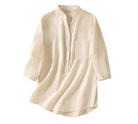 T-Shirt Damen Retro Baumwolle Leinen Bluse Oversize 3/4 Ärmel Leinenbluse Einfarbig Oberteile Leinenhemd Rundhals Pullover Tshirt Locker Longbluse Tunika Sommer Tops Basic Shirt Streetwear für Frauen