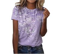 T-Shirt Damen Round Neck Blusen Printing Kurzer Ärmel Shirt Top Lose Luftig Oberteile Frühling Sommer Komfortabel T Shirt Lässig Pullover Blusenshirt(#F Purple,S)