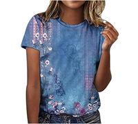 T-Shirt Damen Round Neck Blusen Printing Kurzer Ärmel Shirt Top Lose Luftig Oberteile Frühling Sommer Komfortabel T Shirt Lässig Pullover Blusenshirt(#B Blue,XXL)