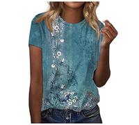 T-Shirt Damen Round Neck Blusen Printing Kurzer Ärmel Shirt Top Lose Luftig Oberteile Frühling Sommer Komfortabel T Shirt Lässig Pullover Blusenshirt(#B Light Blue,4XL)