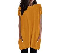 T-Shirt Damen Rundhals Kurzarm Locker Longshirt Sommer Oberteil Casual Einfarbig Tops mit Tasche Elegant Lang Sweatshirt Langarmshirt Oversized Tunika Bluse Lässig Strand Leggings,Gelb,XXL