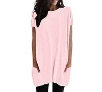T-Shirt Damen Rundhals Kurzarm Locker Longshirt Sommer Oberteil Casual Einfarbig Tops mit Tasche Elegant Lang Sweatshirt Langarmshirt Oversized Tunika Bluse Lässig Strand Leggings,Rosa,XL