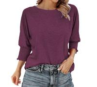 T-Shirt Damen Rundhals Oberteile 3/4 gesmokten Bündchen Shirt Unifarben Longshirt Stilvolle Lose Tshirt Basic T-Shirts Oversize Langarmshirt Kurzarm Top Damen Sale