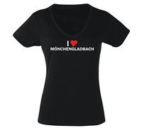 T-Shirt Damen schwarz - S - V-Ausschnitt mit - Stadt - i Love Mönchengladbach - Damen - lustig witzige Motive - Name Herz - Fasching Party Fun Sport - lustige Tshirts für Frauen