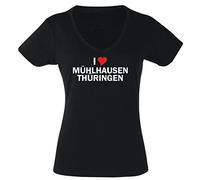 T-Shirt Damen schwarz - S - V-Ausschnitt mit - Stadt - i Love Mühlhausen - Thüringen - Damen - lustig witzige Motive - Name Herz - Fasching Party Fun Sport - lustige Tshirts für Frauen