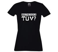 T-Shirt - Damen - schwarz - S - V-Ausschnitt - Who The Fuck is tüv - bedruckt - lustig witzige Motive - Fasching Party Fun Sport