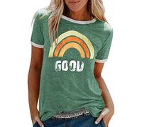 T-Shirt Damen Sommer-GOOD und Regenbogen T Shirt Damen Kurzarm-Sport Tshirt Damen Fitness Rundhals Bluse Elegant Brief Gedruckt Lässig Locker Tee Shirts Oberteile Basic Tops für Mädchen Teenager