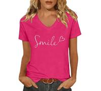 T-Shirt Damen Sommer Oberteile Rundhals Kurzärmeliges Print Bluse Basic Shirt Bequem Baumwolle Tunika Tee Tops Schlank Hemd für Frühling Elegant Slim Fit Shirts Lässige Tshirt (XL)