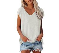 T-Shirt Damen Sommer Tunika Bluse Elegant ärmellose Crop Lose Basic Tops Shirt Mädchen Einfarbige Oberteile Frauen Kleidung Shirts Top V-Ausschnitt Tshirt Casual Rundhals Klamotten (White #2, L)
