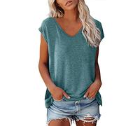 T-Shirt Damen Sommer Tunika Bluse Elegant ärmellose Crop Lose Basic Tops Shirt Mädchen Einfarbige Oberteile Frauen Kleidung Shirts Top V-Ausschnitt Tshirt Casual Rundhals Klamotten (Blue #1, XXL)
