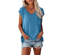 T-Shirt Damen Sommer Tunika Bluse Elegant ärmellose Crop Lose Basic Tops Shirt Mädchen Einfarbige Oberteile Frauen Kleidung Shirts Top V-Ausschnitt Tshirt Casual Rundhals Klamotten (Light Blue-B, L)