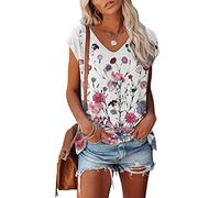 T Shirt Damen V Ausschnitt - Ärmelloses Bluse Damen Elegant Oberteile Sommer Tank Top mit Flügelärmeln Blumen Bedrucken Casual Lose Basic Tee Kurzarm T-Shirts