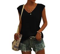 T Shirt Damen V Ausschnitt - Bluse Damen Elegant -Tshirt Damen Sommer Oberteile Ärmelloses T-Shirt mit Flügelärmeln Tanktop Schlicht Lässig Locker Klamotten T-Shirts für Frauen Teenager Mädchen