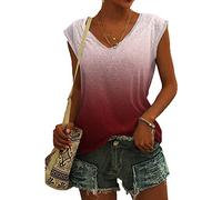 T Shirt Damen V Ausschnitt - Bluse Damen Elegant -Tshirt Damen Sommer Oberteile Ärmelloses T-Shirt mit Flügelärmeln Tanktop Farbverlauf Lässig Locker Klamotten T-Shirts für Frauen Teenager Mädchen