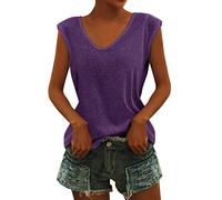 T Shirt Damen V Ausschnitt - Bluse Damen Elegant -Tshirt Damen Sommer Oberteile Ärmelloses T-Shirt mit Flügelärmeln Tanktop Schlicht Lässig Locker Klamotten T-Shirts für Frauen Teenager Mädchen