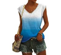 T Shirt Damen V Ausschnitt - Bluse Damen Elegant -Tshirt Damen Sommer Oberteile Ärmelloses T-Shirt mit Flügelärmeln Tanktop Farbverlauf Lässig Locker Klamotten T-Shirts für Frauen Teenager Mädchen
