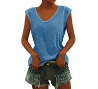 T Shirt Damen V Ausschnitt - Bluse Damen Elegant -Tshirt Damen Sommer Oberteile Ärmelloses T-Shirt mit Flügelärmeln Tanktop Schlicht Lässig Locker Klamotten T-Shirts für Frauen Teenager Mädchen